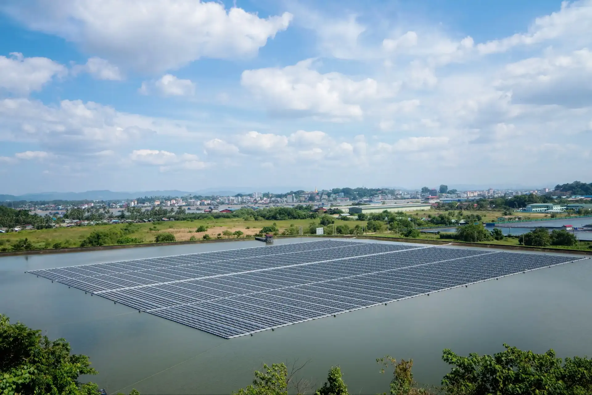 Floating solar panels across open water in Myanmar