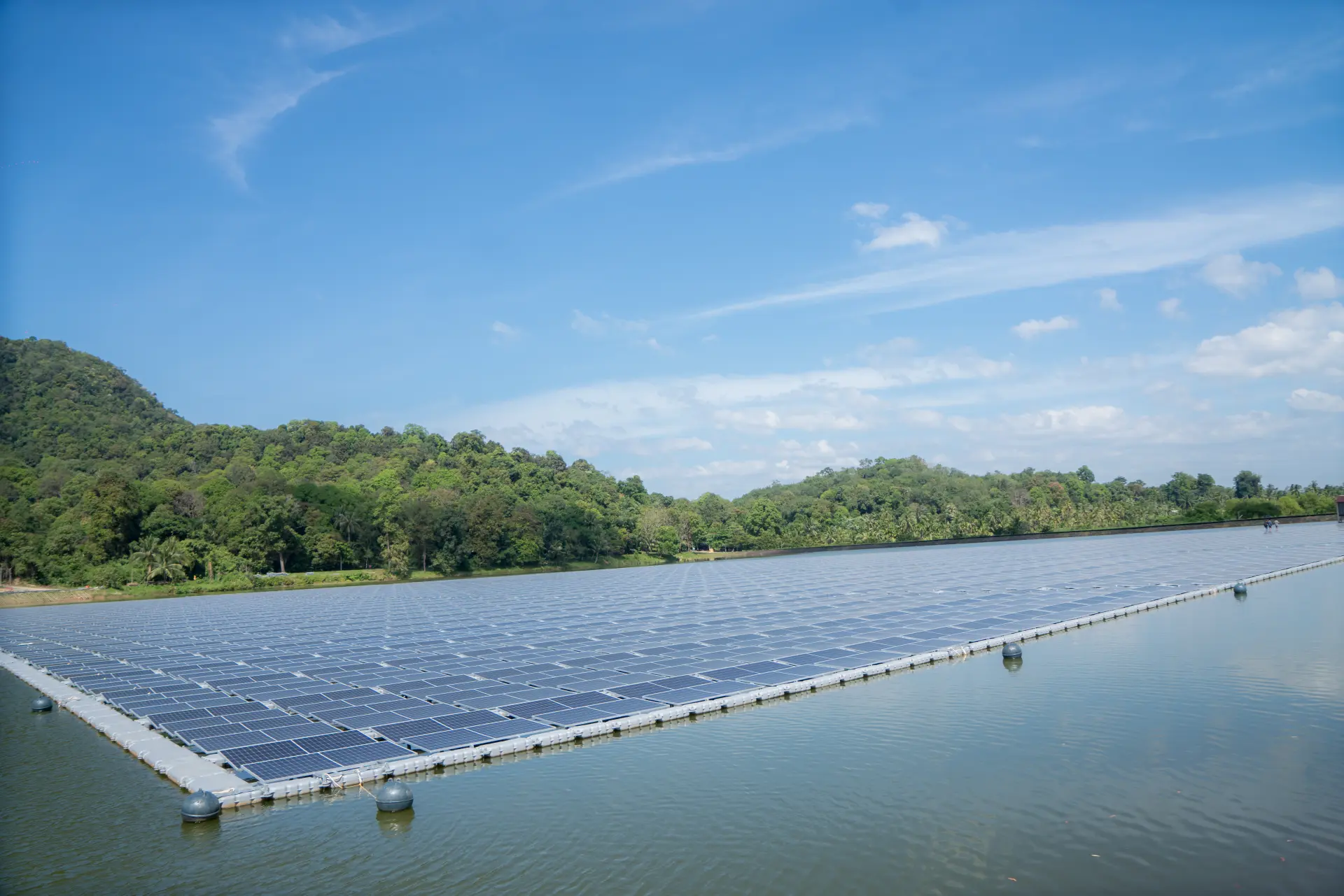 Floating solar panels installed across a reservoir in Myanmar