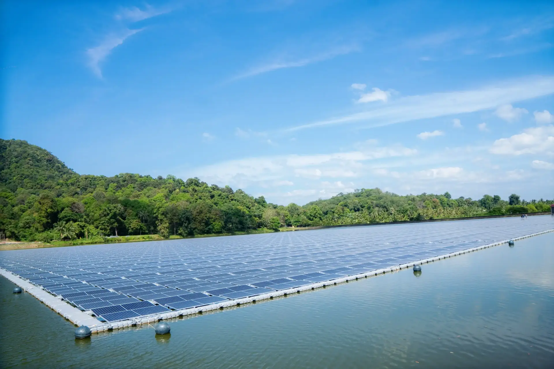 Floating solar panels installed across a reservoir in Myanmar