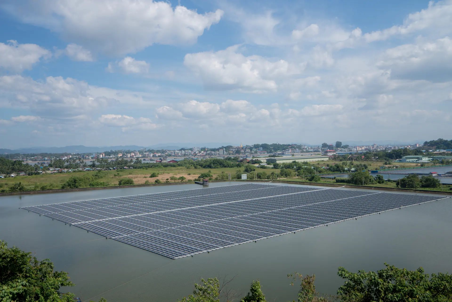 Floating solar panels across open water in Myanmar